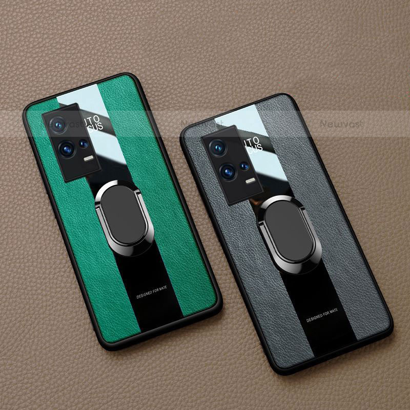 Soft Silicone Gel Leather Snap On Case Cover with Magnetic Finger Ring Stand S02 for Vivo iQOO 8 5G