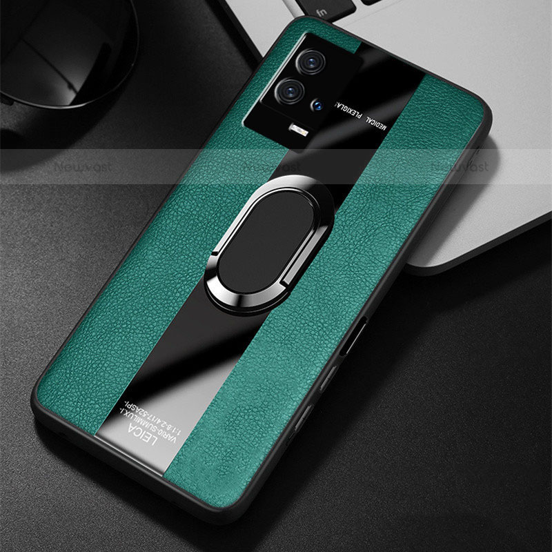 Soft Silicone Gel Leather Snap On Case Cover with Magnetic Finger Ring Stand S02 for Vivo iQOO 8 5G Green