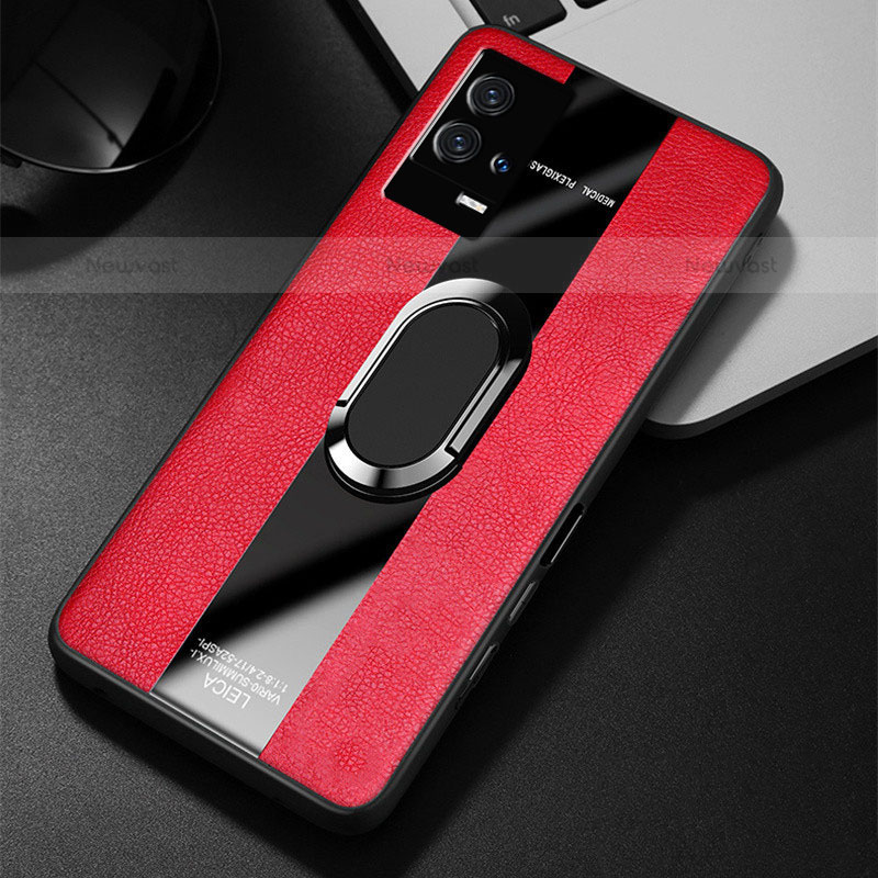 Soft Silicone Gel Leather Snap On Case Cover with Magnetic Finger Ring Stand S02 for Vivo iQOO 8 5G Red