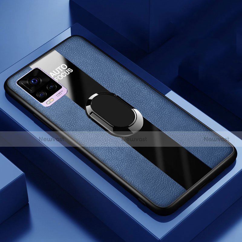 Soft Silicone Gel Leather Snap On Case Cover with Magnetic Finger Ring Stand S02 for Vivo V20 Pro 5G Blue