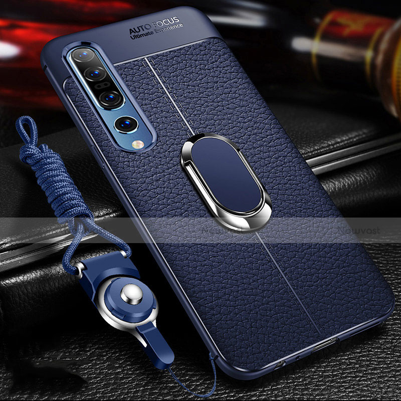 Soft Silicone Gel Leather Snap On Case Cover with Magnetic Finger Ring Stand S02 for Xiaomi Mi 10 Pro Blue