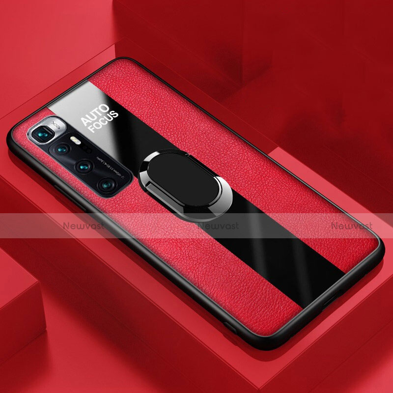 Soft Silicone Gel Leather Snap On Case Cover with Magnetic Finger Ring Stand S02 for Xiaomi Mi 10 Ultra Red