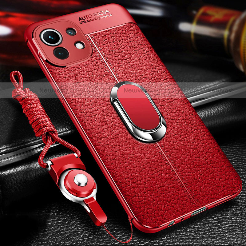 Soft Silicone Gel Leather Snap On Case Cover with Magnetic Finger Ring Stand S02 for Xiaomi Mi 11 5G