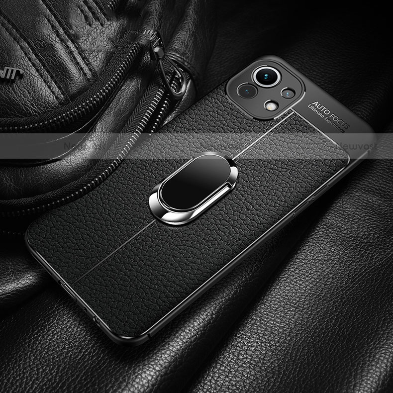 Soft Silicone Gel Leather Snap On Case Cover with Magnetic Finger Ring Stand S02 for Xiaomi Mi 11 5G