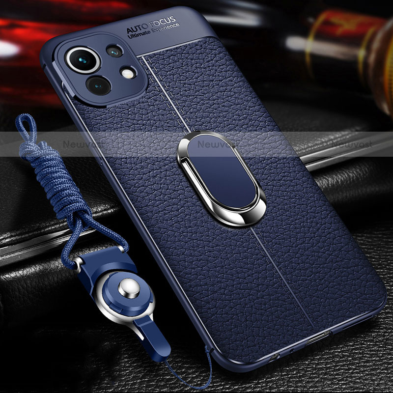 Soft Silicone Gel Leather Snap On Case Cover with Magnetic Finger Ring Stand S02 for Xiaomi Mi 11 5G Blue