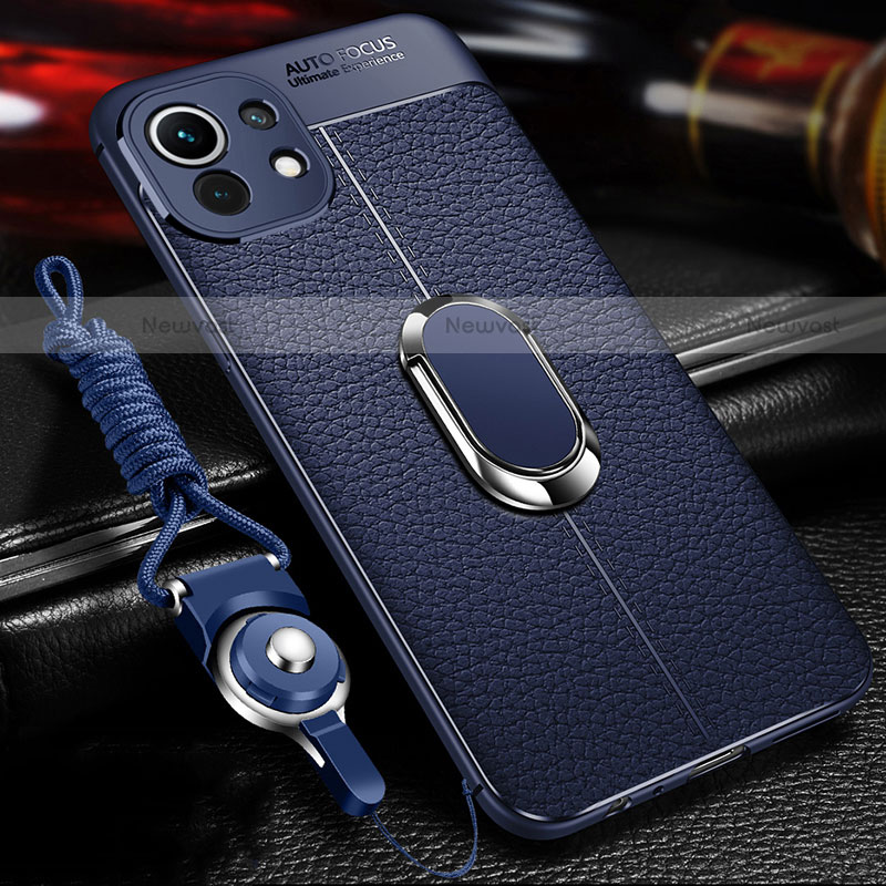 Soft Silicone Gel Leather Snap On Case Cover with Magnetic Finger Ring Stand S02 for Xiaomi Mi 11 Lite 5G Blue