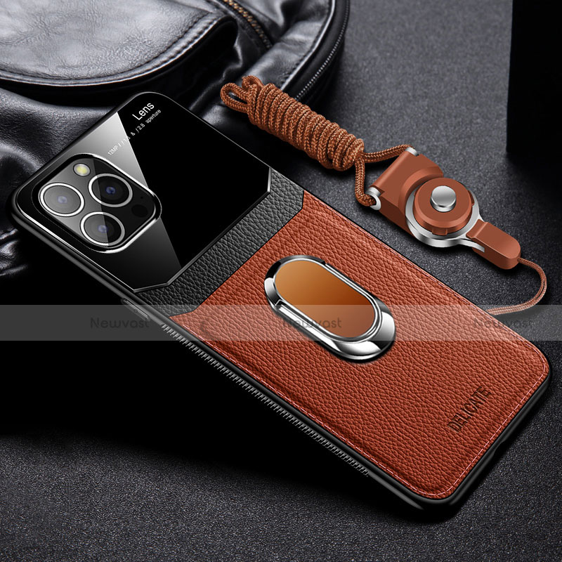 Soft Silicone Gel Leather Snap On Case Cover with Magnetic Finger Ring Stand S03 for Apple iPhone 14 Pro Max Brown