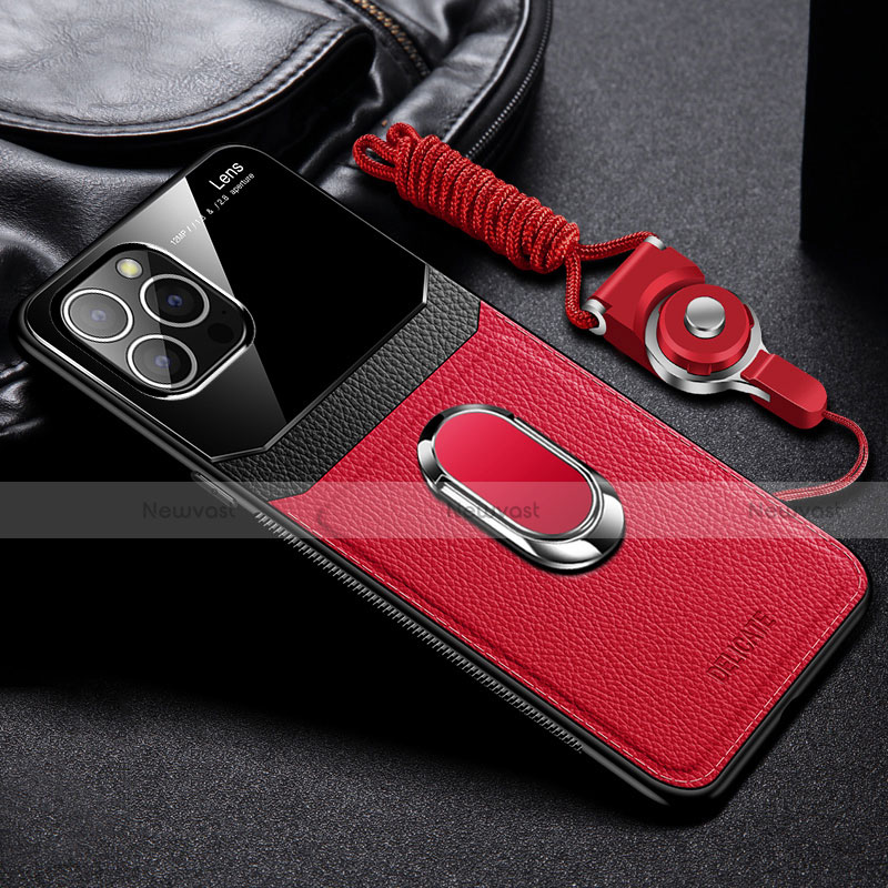 Soft Silicone Gel Leather Snap On Case Cover with Magnetic Finger Ring Stand S03 for Apple iPhone 14 Pro Red