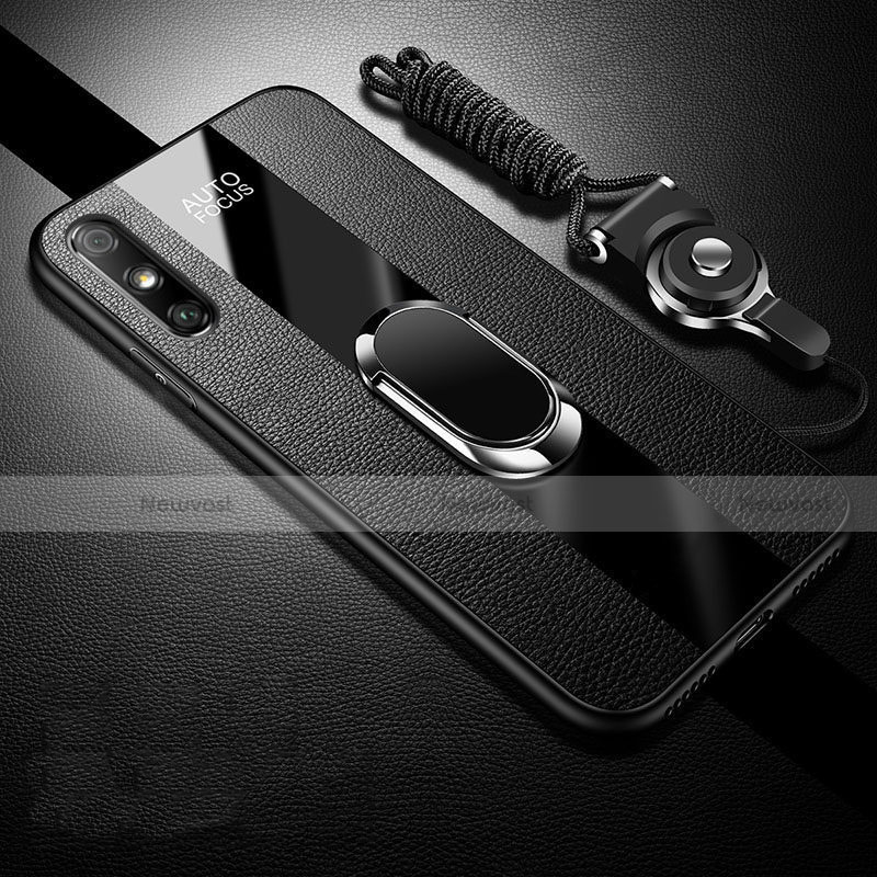 Soft Silicone Gel Leather Snap On Case Cover with Magnetic Finger Ring Stand S03 for Huawei Enjoy 10e Black