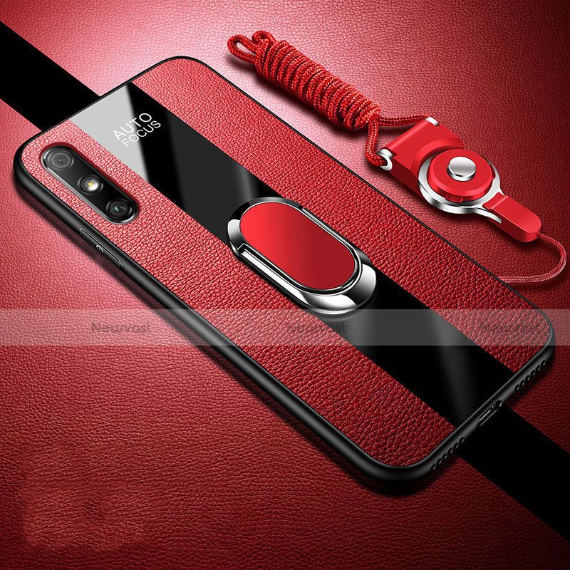Soft Silicone Gel Leather Snap On Case Cover with Magnetic Finger Ring Stand S03 for Huawei Enjoy 10e Red
