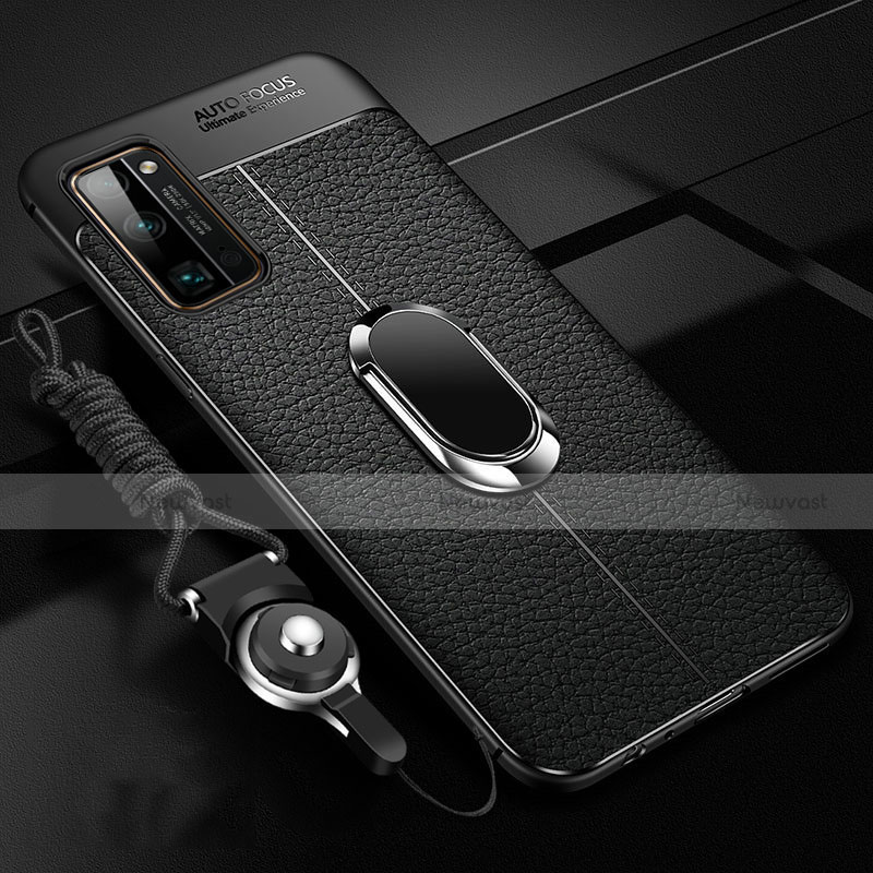 Soft Silicone Gel Leather Snap On Case Cover with Magnetic Finger Ring Stand S03 for Huawei Honor 30 Pro Black