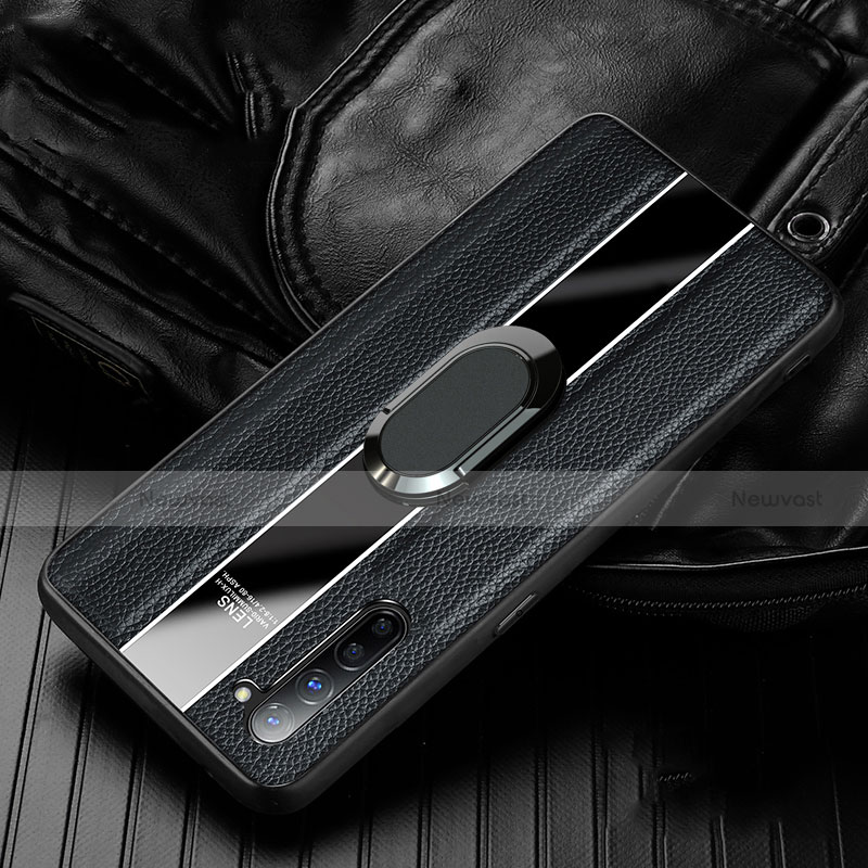 Soft Silicone Gel Leather Snap On Case Cover with Magnetic Finger Ring Stand S03 for Oppo F15 Black