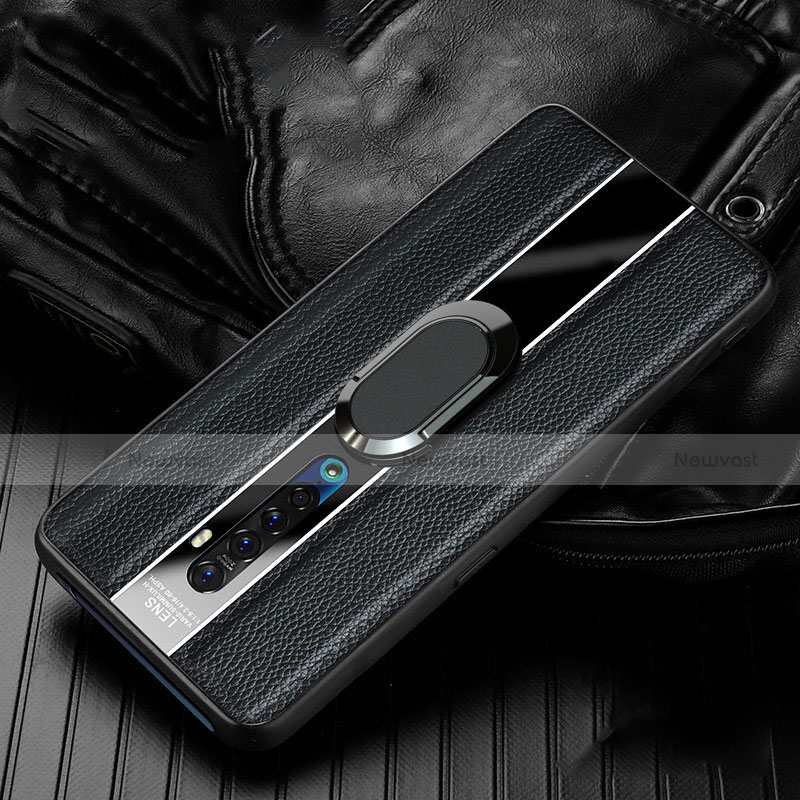 Soft Silicone Gel Leather Snap On Case Cover with Magnetic Finger Ring Stand S03 for Oppo Reno2 Black