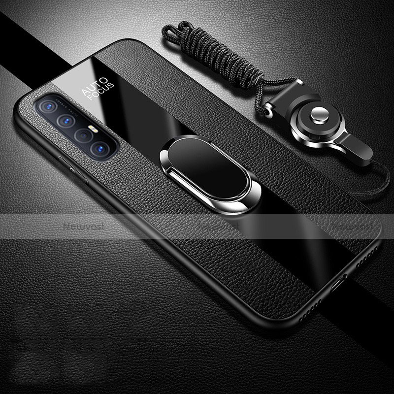 Soft Silicone Gel Leather Snap On Case Cover with Magnetic Finger Ring Stand S03 for Oppo Reno3 Pro Black