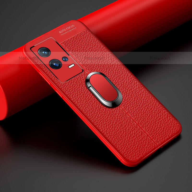 Soft Silicone Gel Leather Snap On Case Cover with Magnetic Finger Ring Stand S03 for Vivo iQOO 8 5G Red