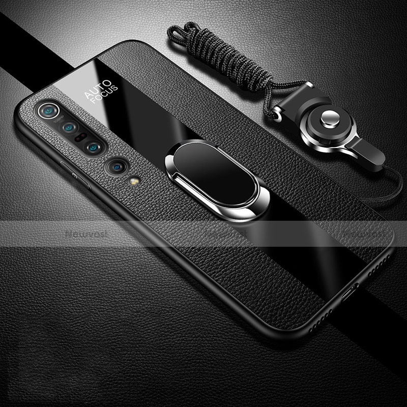 Soft Silicone Gel Leather Snap On Case Cover with Magnetic Finger Ring Stand S03 for Xiaomi Mi 10 Pro Black