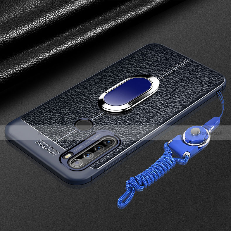 Soft Silicone Gel Leather Snap On Case Cover with Magnetic Finger Ring Stand S03 for Xiaomi Redmi Note 8 (2021) Blue
