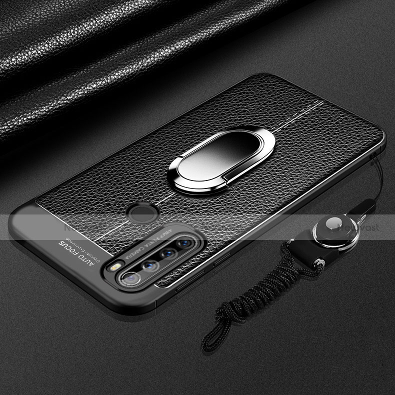 Soft Silicone Gel Leather Snap On Case Cover with Magnetic Finger Ring Stand S03 for Xiaomi Redmi Note 8T Black