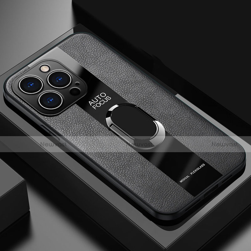 Soft Silicone Gel Leather Snap On Case Cover with Magnetic Finger Ring Stand S04 for Apple iPhone 13 Pro Max Black