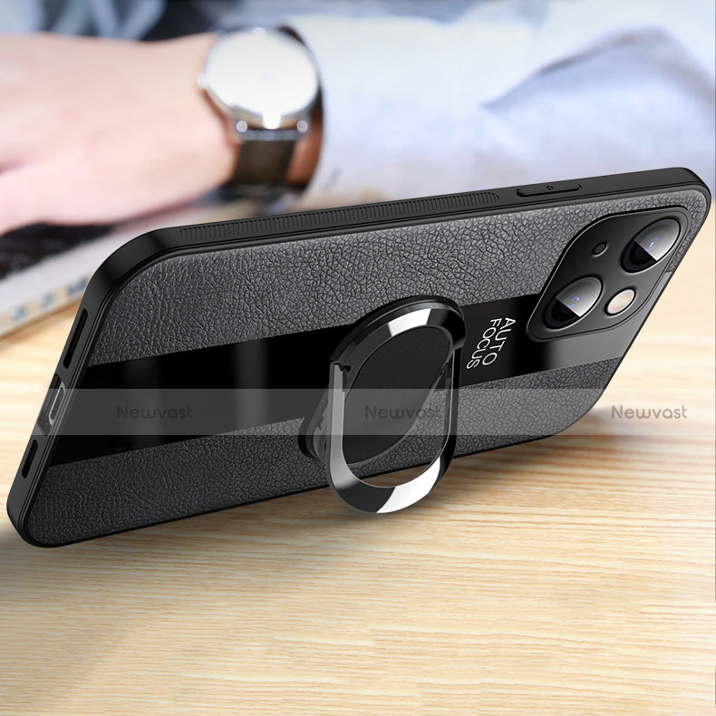 Soft Silicone Gel Leather Snap On Case Cover with Magnetic Finger Ring Stand S04 for Apple iPhone 14