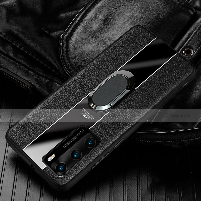 Soft Silicone Gel Leather Snap On Case Cover with Magnetic Finger Ring Stand S04 for Huawei P40