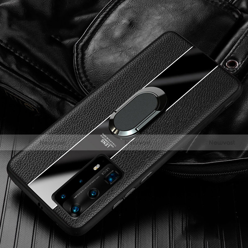 Soft Silicone Gel Leather Snap On Case Cover with Magnetic Finger Ring Stand S04 for Huawei P40 Pro+ Plus Black