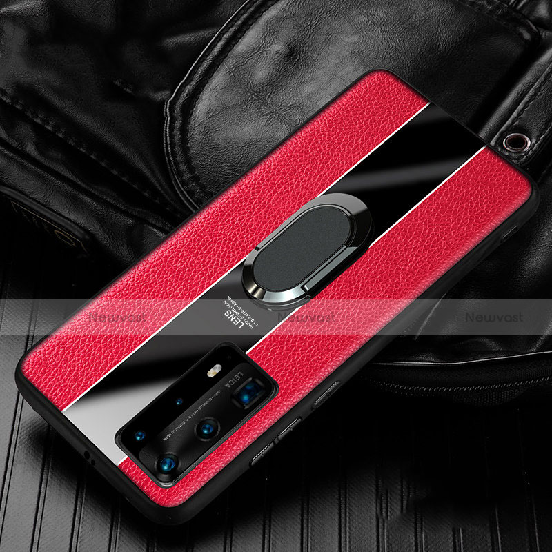 Soft Silicone Gel Leather Snap On Case Cover with Magnetic Finger Ring Stand S04 for Huawei P40 Pro+ Plus Red