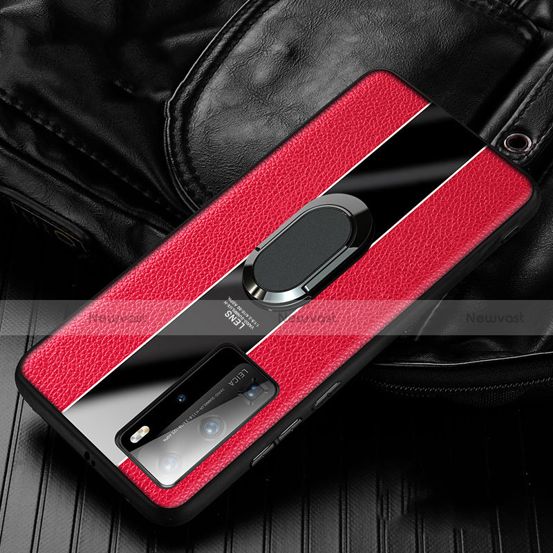 Soft Silicone Gel Leather Snap On Case Cover with Magnetic Finger Ring Stand S04 for Huawei P40 Pro Red