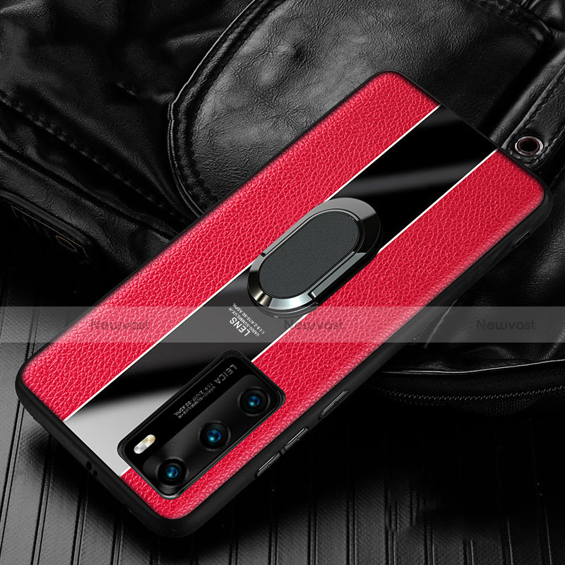 Soft Silicone Gel Leather Snap On Case Cover with Magnetic Finger Ring Stand S04 for Huawei P40 Red