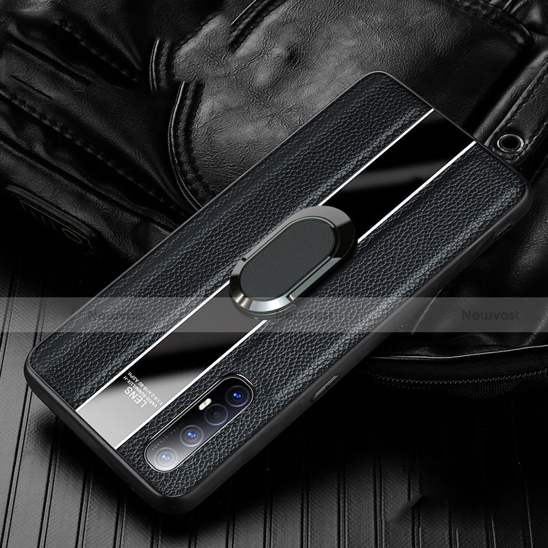 Soft Silicone Gel Leather Snap On Case Cover with Magnetic Finger Ring Stand S04 for Oppo Find X2 Neo Black