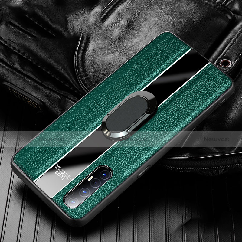 Soft Silicone Gel Leather Snap On Case Cover with Magnetic Finger Ring Stand S04 for Oppo Find X2 Neo Green