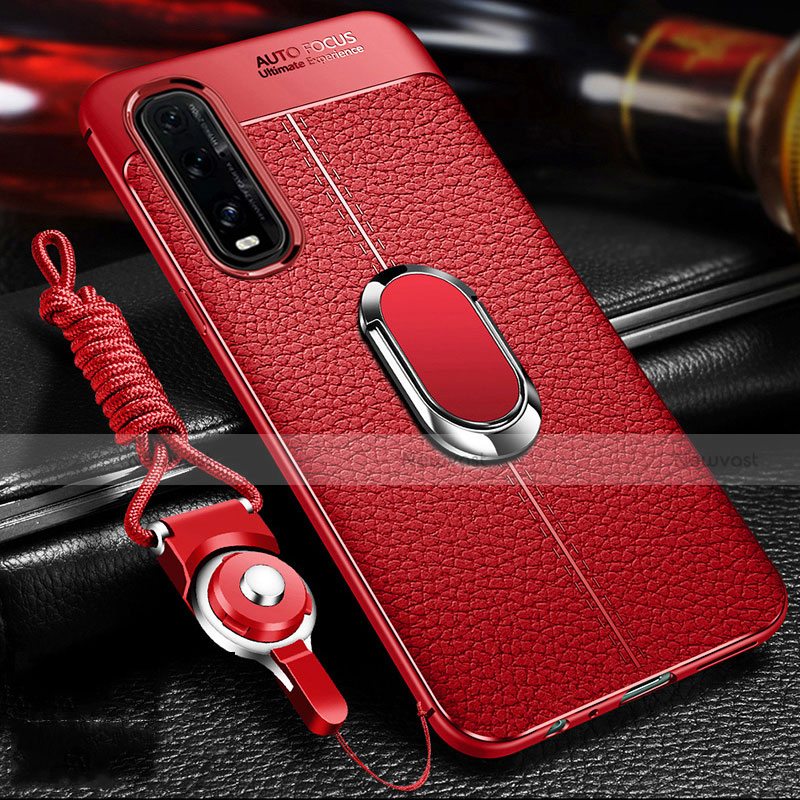 Soft Silicone Gel Leather Snap On Case Cover with Magnetic Finger Ring Stand S04 for Oppo Find X2 Red