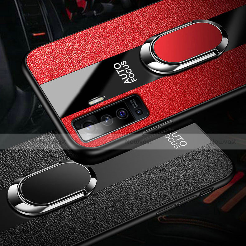 Soft Silicone Gel Leather Snap On Case Cover with Magnetic Finger Ring Stand S04 for Vivo X50 5G
