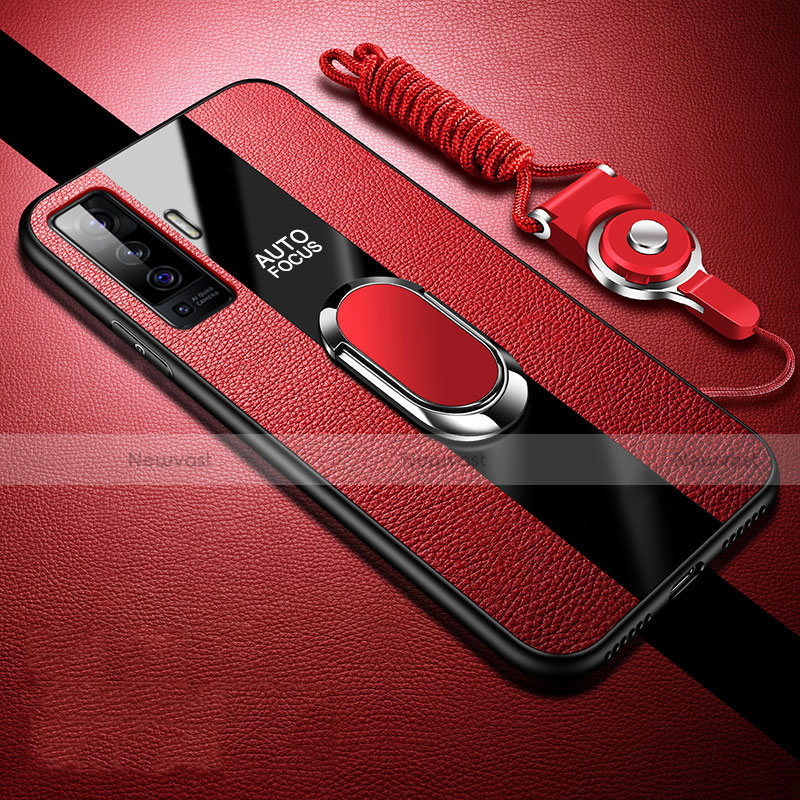 Soft Silicone Gel Leather Snap On Case Cover with Magnetic Finger Ring Stand S04 for Vivo X50 5G Red