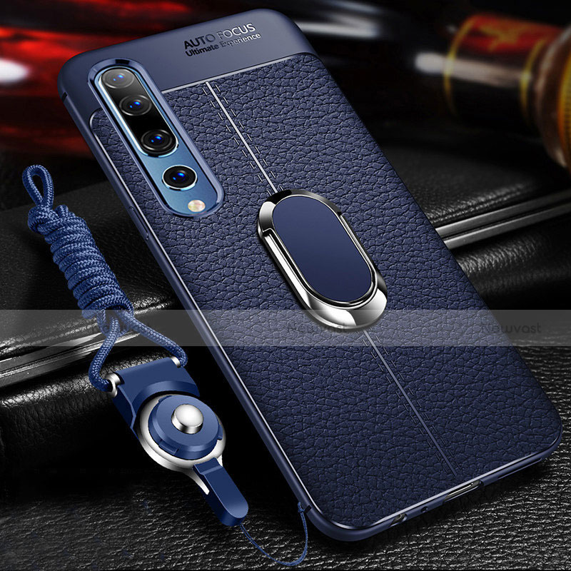 Soft Silicone Gel Leather Snap On Case Cover with Magnetic Finger Ring Stand S04 for Xiaomi Mi 10 Blue