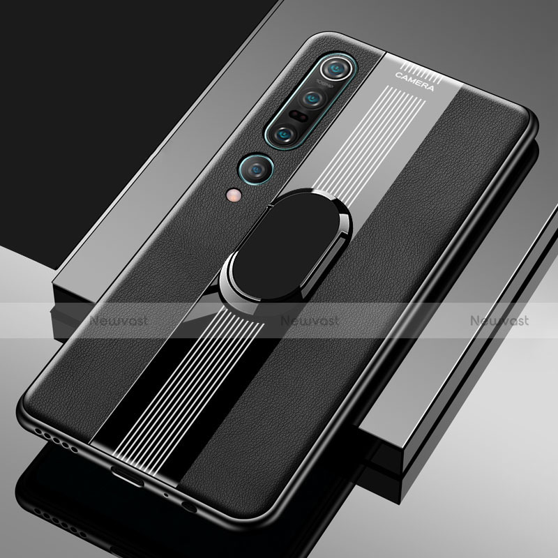Soft Silicone Gel Leather Snap On Case Cover with Magnetic Finger Ring Stand S04 for Xiaomi Mi 10 Pro Black