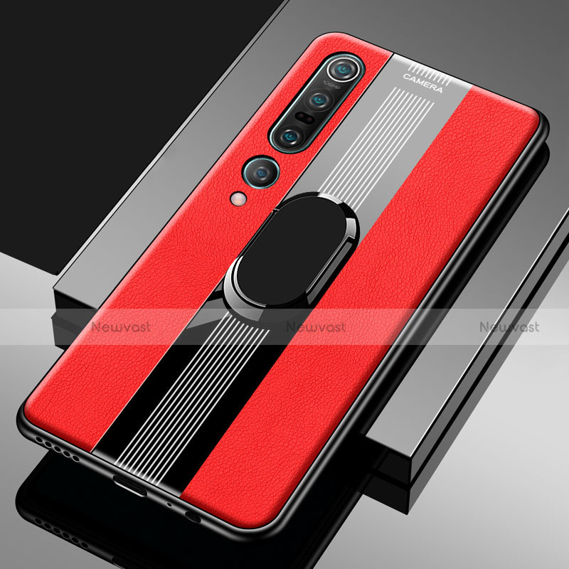 Soft Silicone Gel Leather Snap On Case Cover with Magnetic Finger Ring Stand S04 for Xiaomi Mi 10 Pro Red
