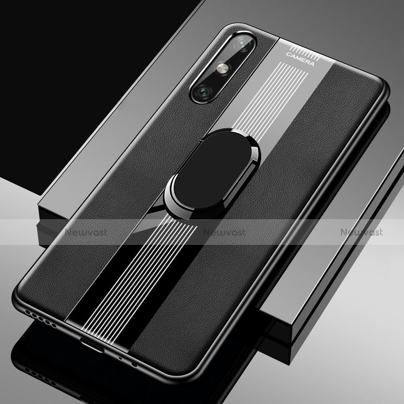 Soft Silicone Gel Leather Snap On Case Cover with Magnetic Finger Ring Stand S05 for Huawei Enjoy 10e Black
