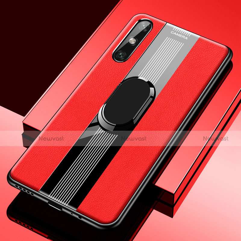 Soft Silicone Gel Leather Snap On Case Cover with Magnetic Finger Ring Stand S05 for Huawei Enjoy 10e Red