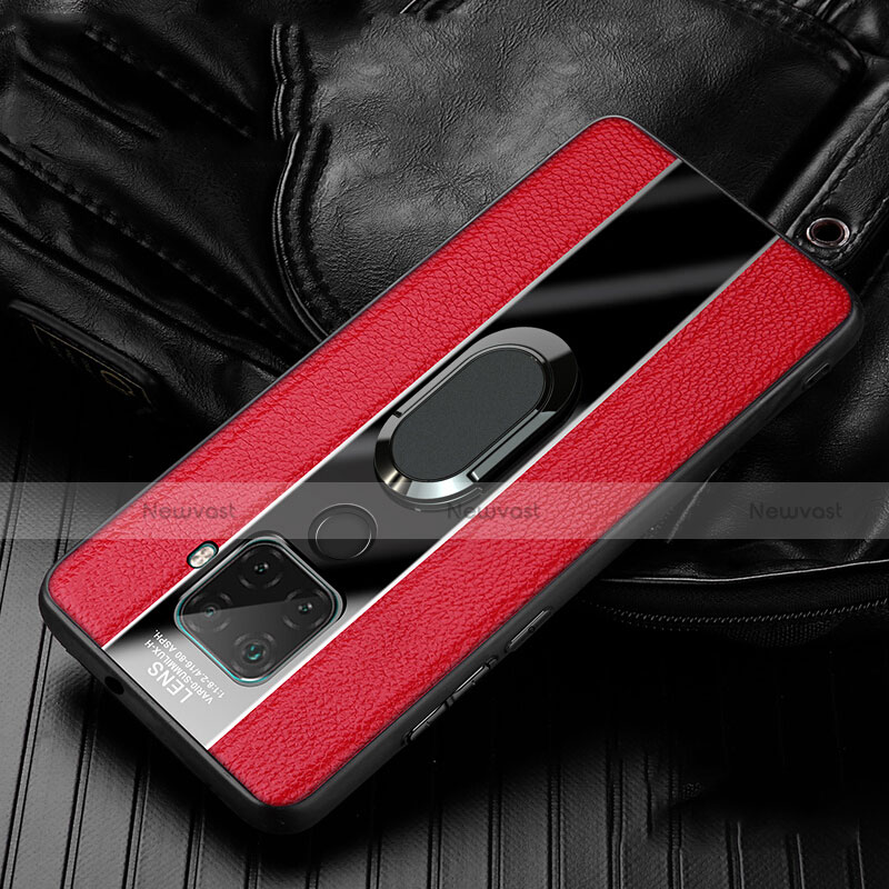 Soft Silicone Gel Leather Snap On Case Cover with Magnetic Finger Ring Stand S05 for Huawei Mate 30 Lite Red