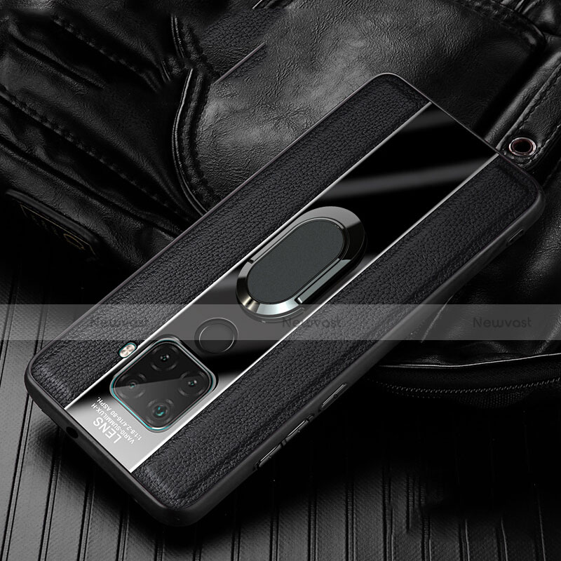 Soft Silicone Gel Leather Snap On Case Cover with Magnetic Finger Ring Stand S05 for Huawei Nova 5i Pro Black