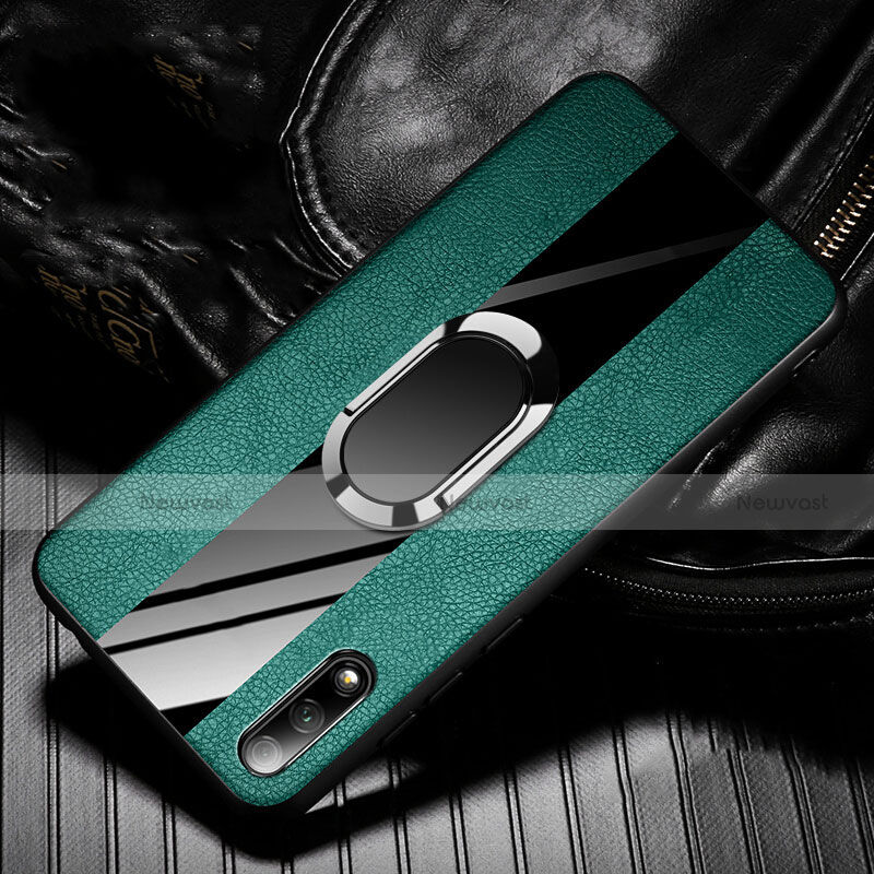Soft Silicone Gel Leather Snap On Case Cover with Magnetic Finger Ring Stand S06 for Huawei Honor 9X Green