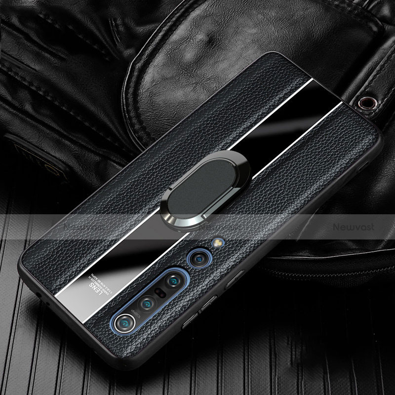 Soft Silicone Gel Leather Snap On Case Cover with Magnetic Finger Ring Stand S06 for Xiaomi Mi 10 Pro Black