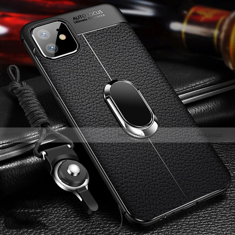 Soft Silicone Gel Leather Snap On Case Cover with Magnetic Finger Ring Stand T01 for Apple iPhone 11 Black