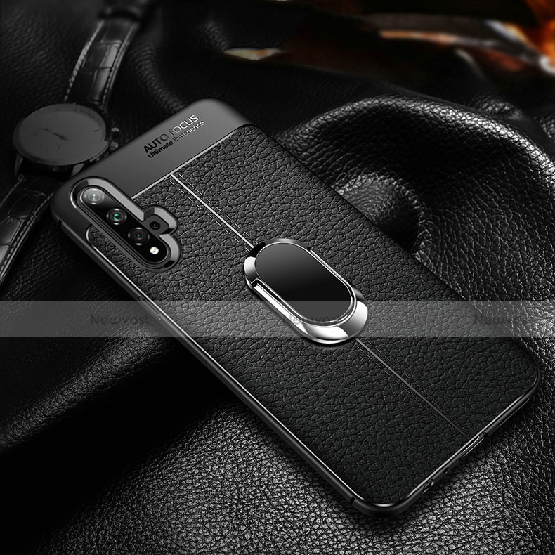 Soft Silicone Gel Leather Snap On Case Cover with Magnetic Finger Ring Stand T01 for Huawei Honor 20