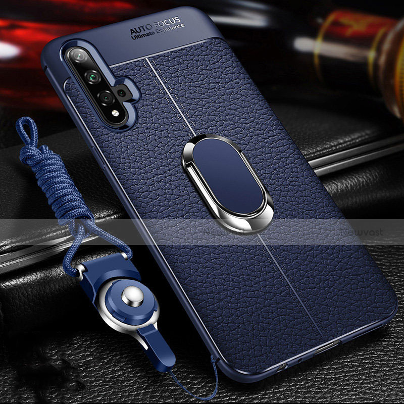 Soft Silicone Gel Leather Snap On Case Cover with Magnetic Finger Ring Stand T01 for Huawei Honor 20 Blue
