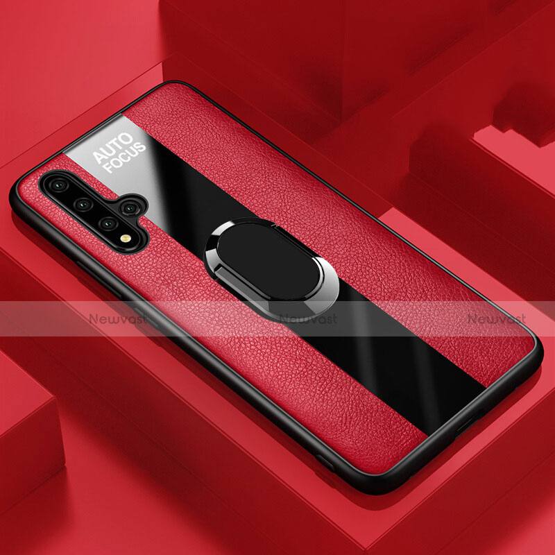 Soft Silicone Gel Leather Snap On Case Cover with Magnetic Finger Ring Stand T01 for Huawei Honor 20 Pro Red