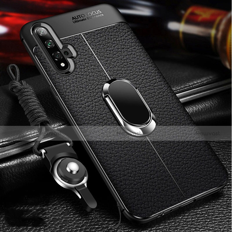 Soft Silicone Gel Leather Snap On Case Cover with Magnetic Finger Ring Stand T01 for Huawei Honor 20S Black