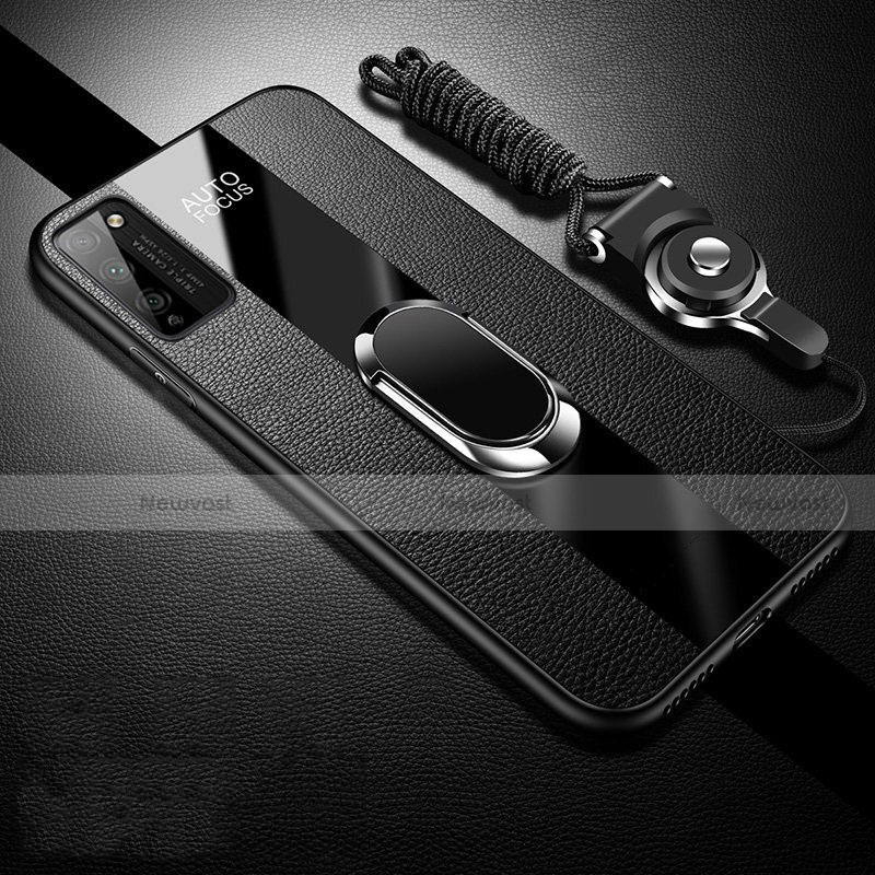 Soft Silicone Gel Leather Snap On Case Cover with Magnetic Finger Ring Stand T01 for Huawei Honor 30 Lite 5G Black