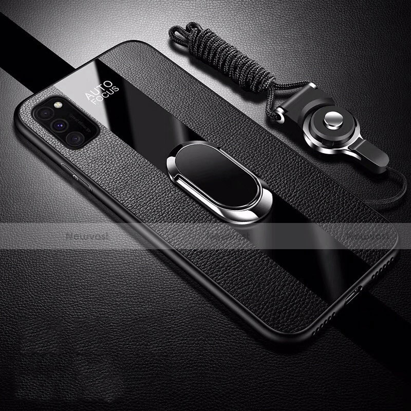 Soft Silicone Gel Leather Snap On Case Cover with Magnetic Finger Ring Stand T01 for Huawei Honor View 30 5G Black